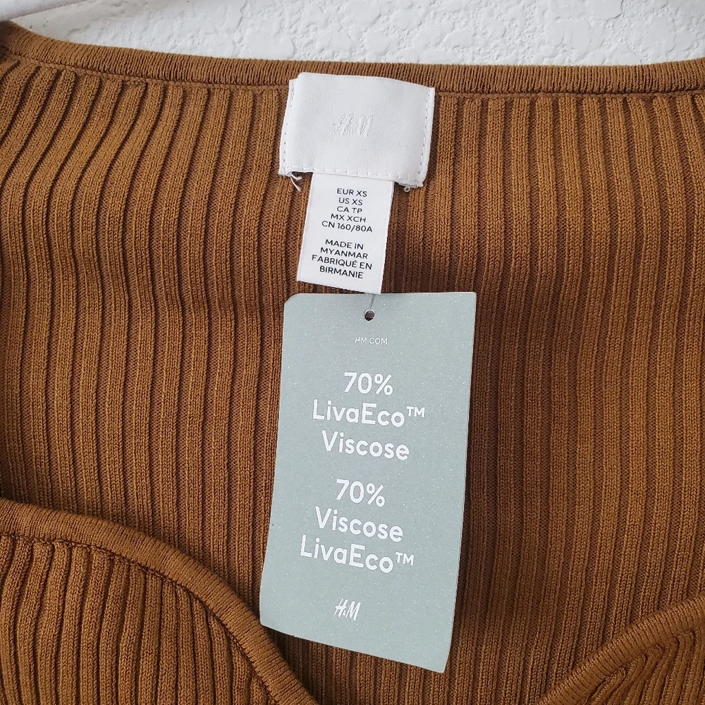H&M Olive Green Ribbed Sweetheart Neckline Top Sweater XS NWT